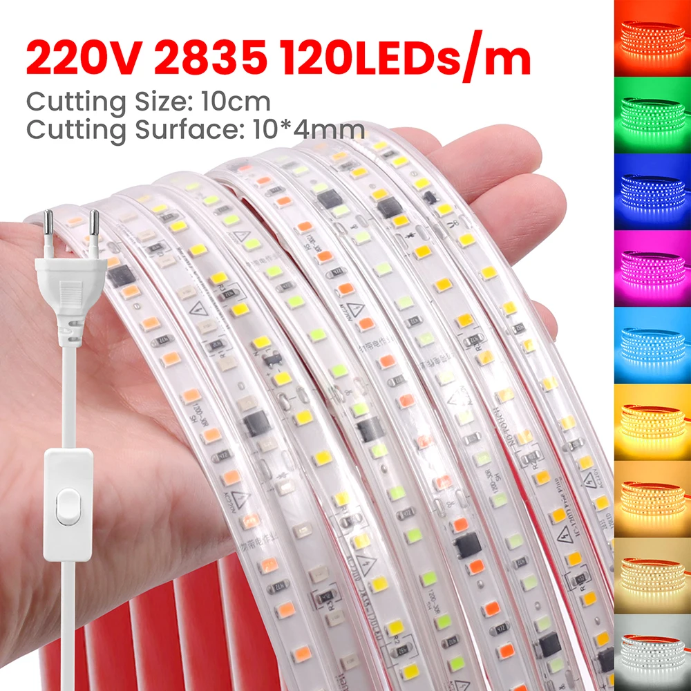 AC 220V 2835 LED Strip Light with Switch EU Plug 5m 20m 30m Warm White Red Green Blue Pink 120 LED Waterproof Flexible Tape 0.5m