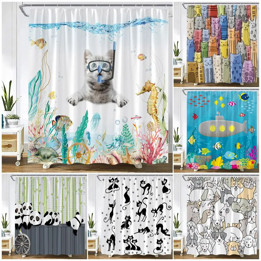 Funny Animals Shower Curtains Cartoon Diving Cat Dog Panda Ocean Fish Scenery Children Bathroom Decor Fabric Bath Curtain Sets