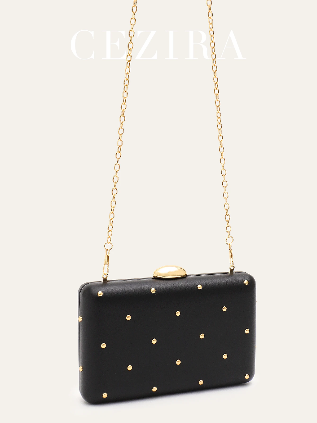 Moda feminina elegante glamourosa pu couro vegano embreagem luxo rebites caixa quadrada bolsa longa corrente saco de noite festa feriado