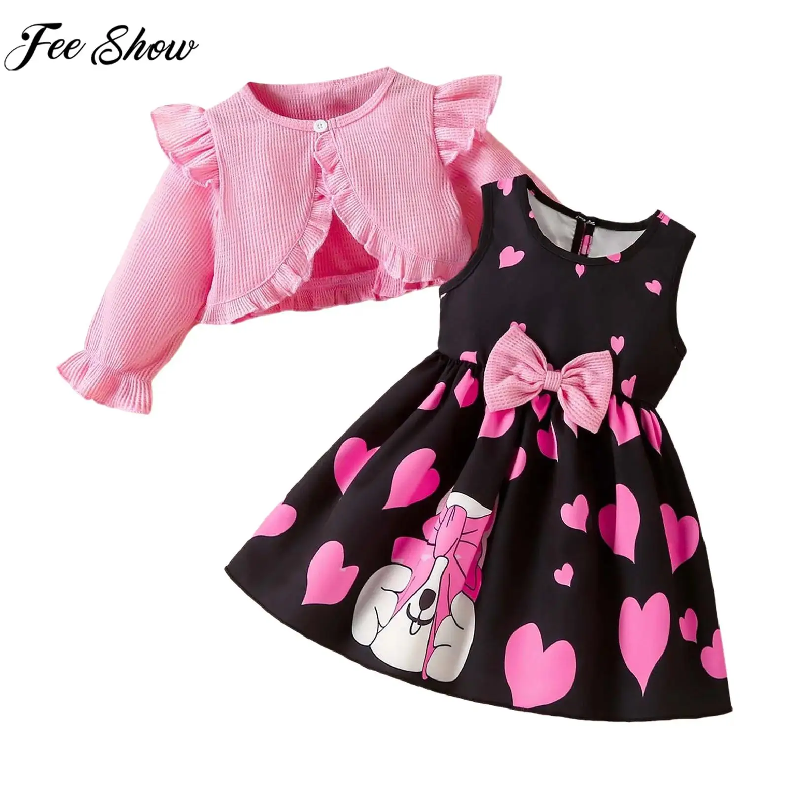 Kids Girls Long Sleeve Cardigan with Sleeveless Bowknot Floral Dress Spring Autumn Sweet Outfit for Birthday Party Photography