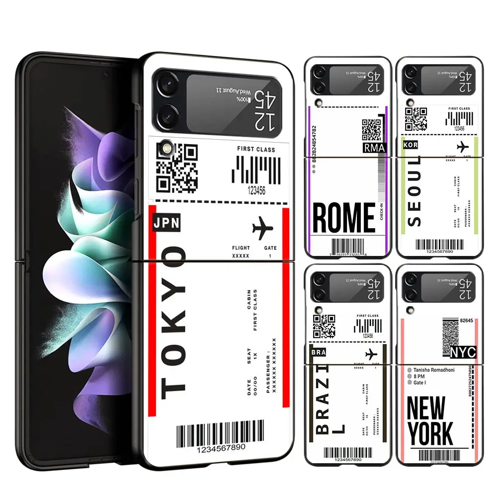 Hard PC Phone Case For Samsung Galaxy Z Flip 7 6 5 4 Black Cover For Galaxy Z Flip 3 Foldable World Travel Ticket Seoul New York
