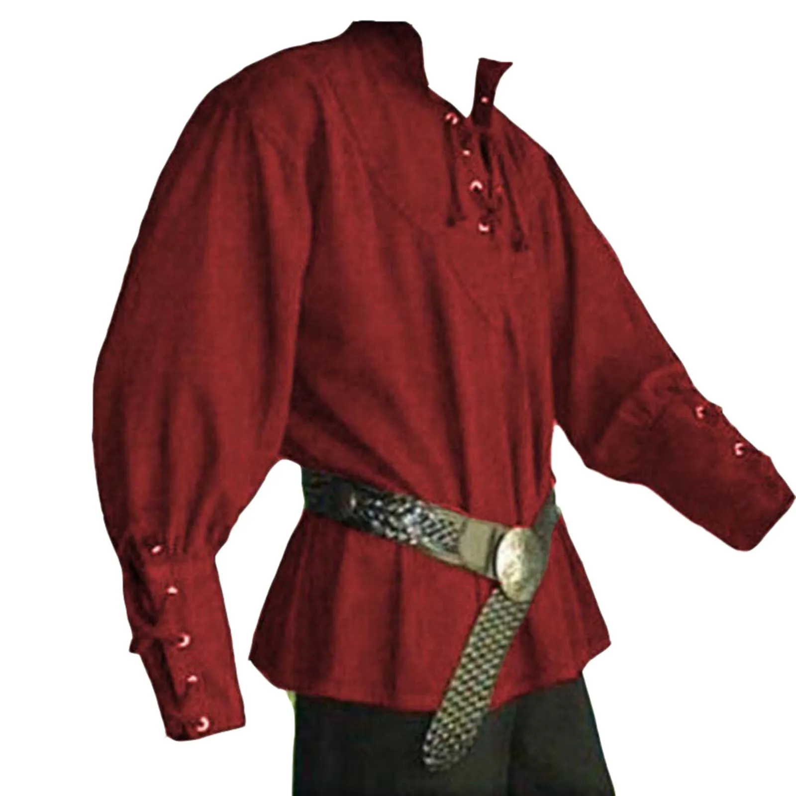 

Men Medieval Vintage Pirate Cosplay Costume Lacing Up Shirt Bandage Top Middle Age Renaissance Clothing For Adult Blusas No-Belt