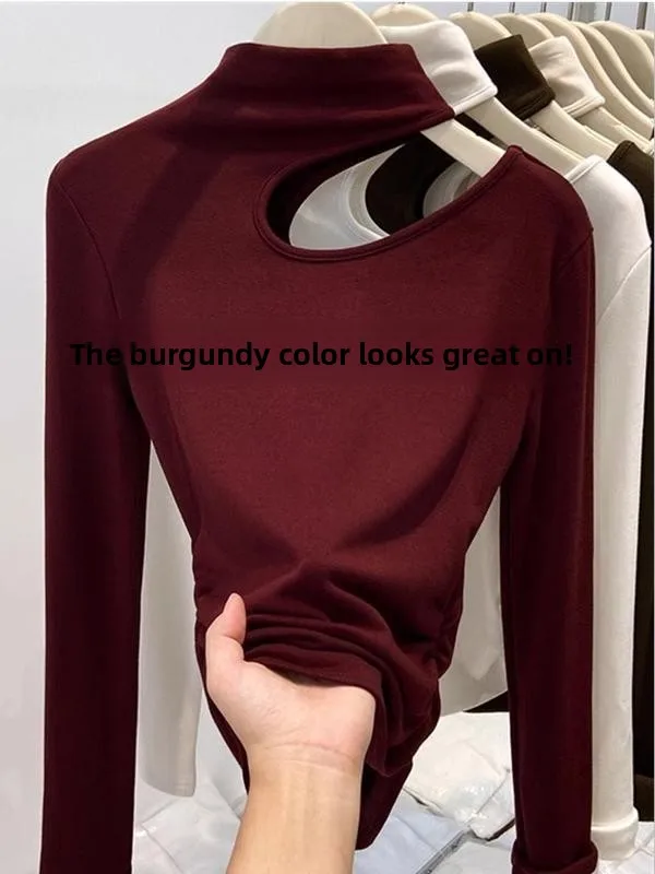 

Retro American Hollow out Long Sleeve Women's T-Shirt Fleece Lined Half High Collar Base Shirt Inner Wear for Autumn Winter