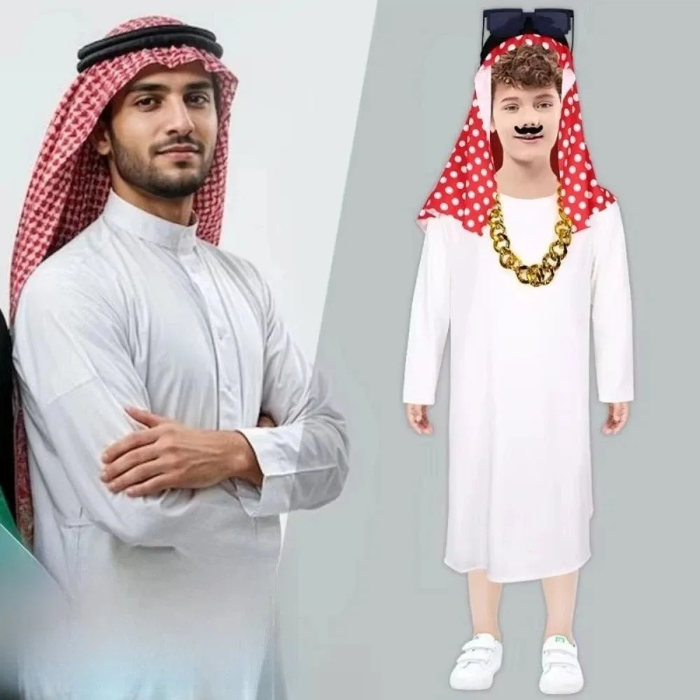 White Robe Arabic Costume Red Headscarf Cosplay Arab Sheikh Outfit Funny Glasses Fake Beard Arab Robe Set Stage Performance