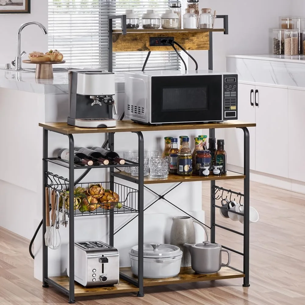 Yaheetech Kitchen Bakers Rack with Power Outlet, Coffee Bar Microwave Stand with Wire Basket and Wine Rack & 10 S-Hooks, Kitchen