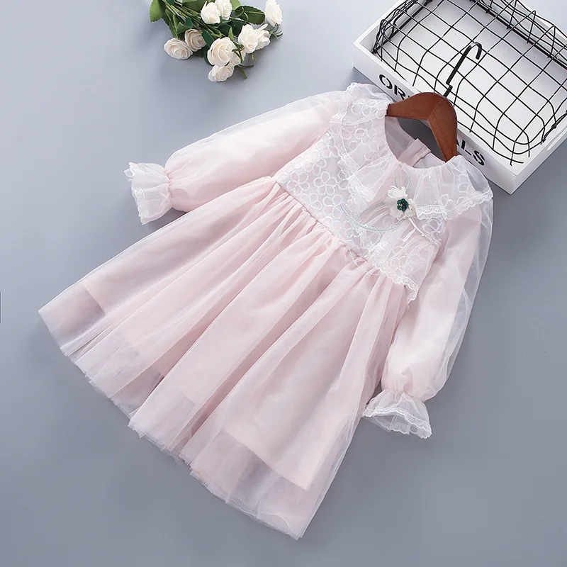 Spring new children's lace mesh long-sleeved kids dresses for girls clothes