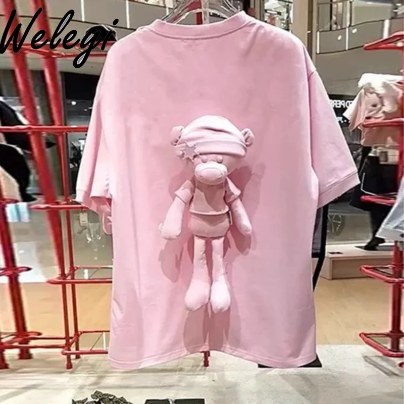 

Loose Woman's Three-Dimensional Doll Bear Pink T-shirt 2024 Summer New Oversize Half Sleeve T-shirts for Women Mid-Length Top