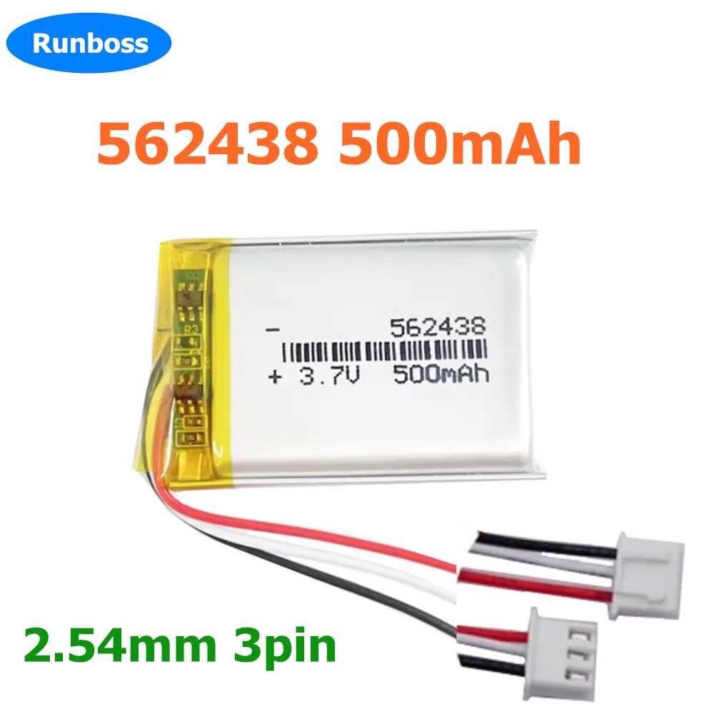 3.7V 500mAh Rechargeable Battery 562438 602540 3pin Plug 1.0/1.25/1.5/2.0/2.5mm For MP3 GPS Bluetooth Headset MP4 DVR Combo 1