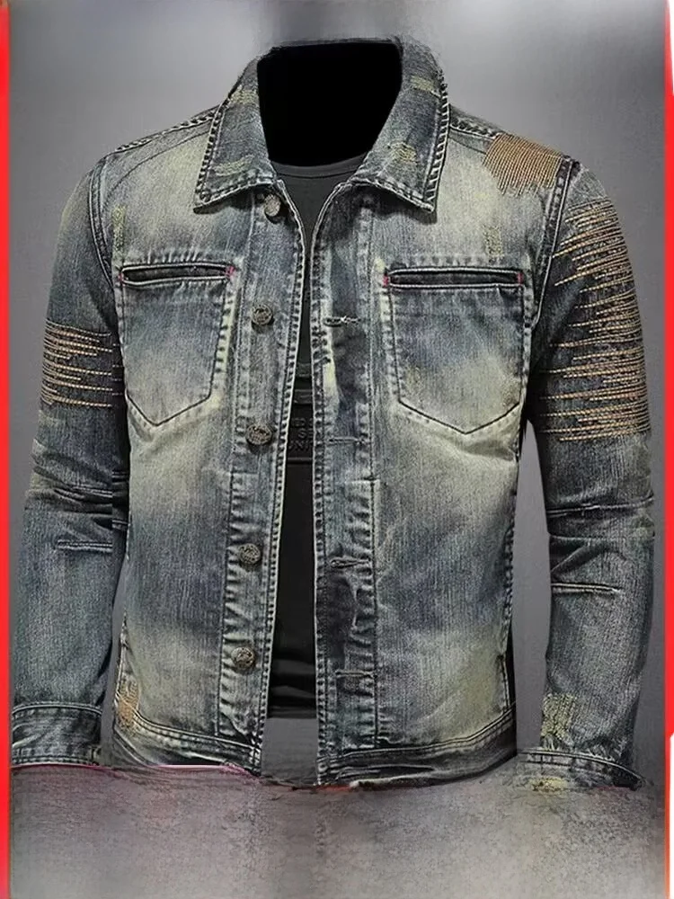 

Ретро 2023, весенне-осенний мужской джинсовый джинсовый джинт, уличная одежда для езды на мотоцикле, рабочая одежда с воротником-стойкой, молодежный джинт, верхняя одежда