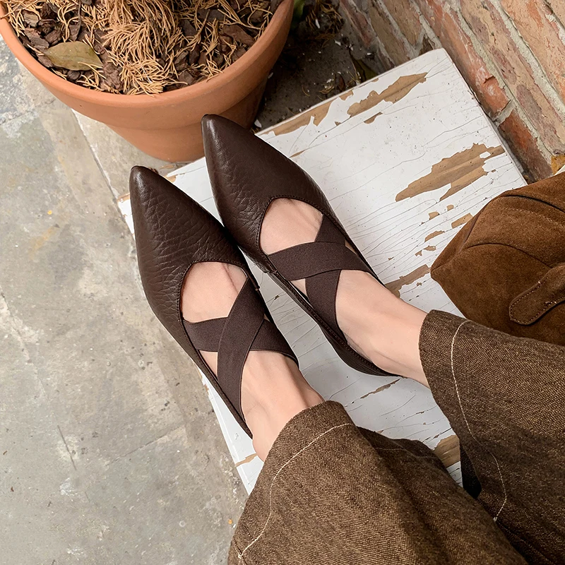 Women's new spring and autumn leather pointed cross elastic band retro high heels Mary Jane shoes fashion ballet shoes