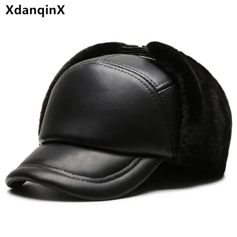 

New Winter Men's Caps Plush Thickening Warm Bomber Hats PU Leather Hat Coldproof Riding Ski Cap Earmuffs Hat Elderly Dad's Hat