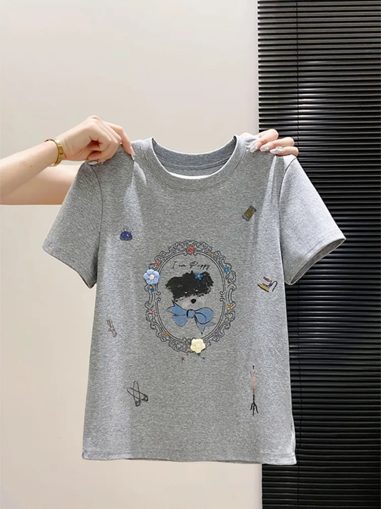 

Grey Cartoon Dog Print round Neck T-Shirt Women's Fashion Summer Short Sleeve Top Shoulder Width Regular Fit Commute Wear