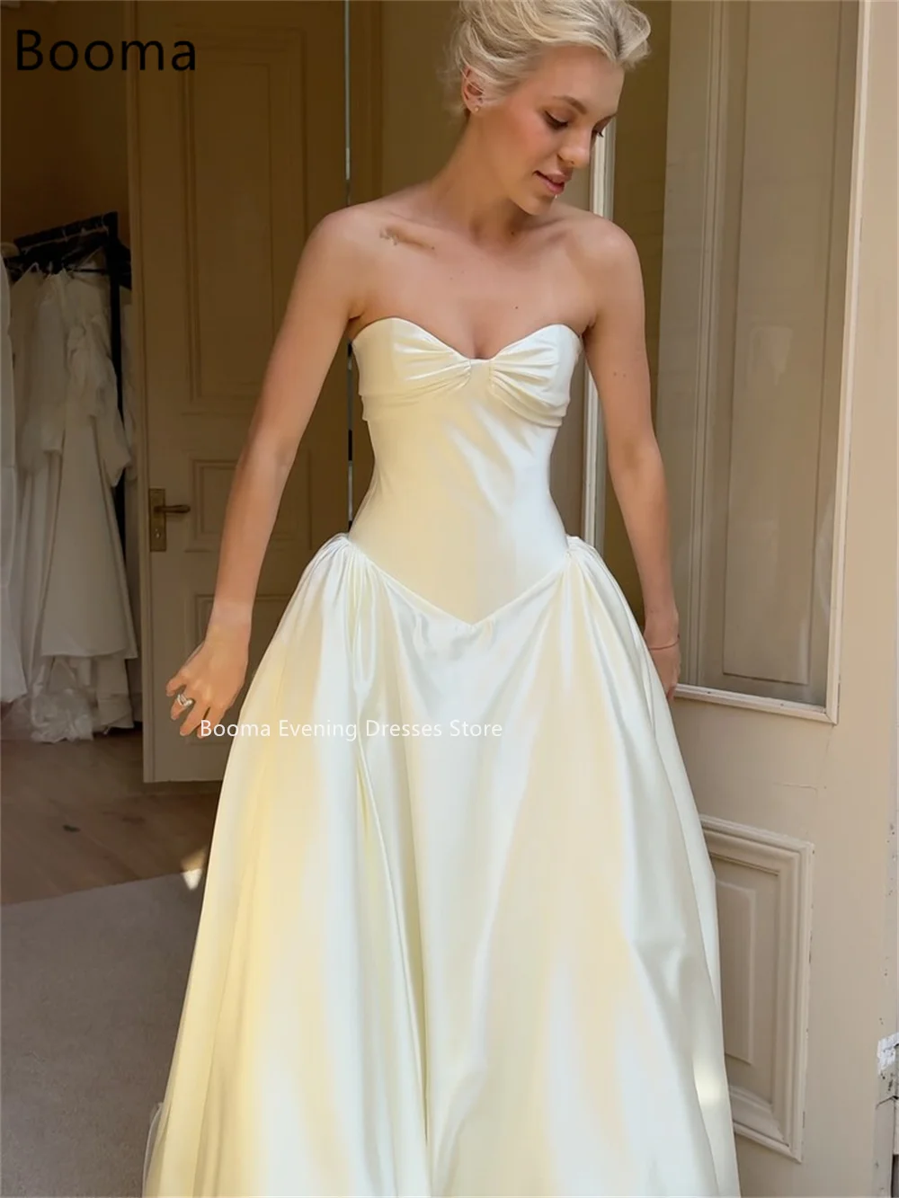 Booma – robe de mariée trapèze en Satin, sans bretelles, élégante, sans manches, Simple, sur mesure, 2025