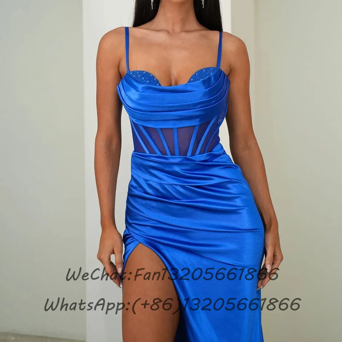 Shining Long Mermaid Bridesmaid Dresses Royal Blue High Slit Pleat Wedding Guest Dress Party Transparent Waist Prom Gown