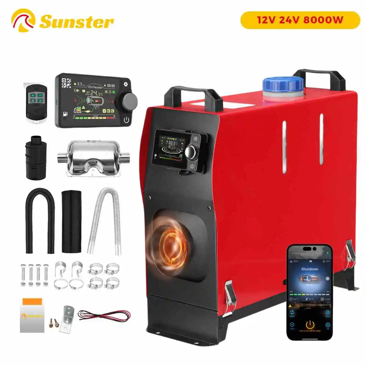 8KW Diesel Air Heater All in One 12V&24V Parking Heater with LCD Switch & Reomte Control Bluetooth APP for RV Truck Car tent