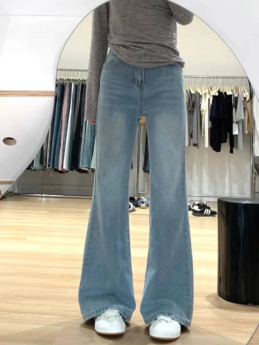 

Джинсы-клеш с высокой талией для женщин, весна-осень, прямые, стрейч, из хлопка, для стройного силуэта, для фигуры типа «груша»...