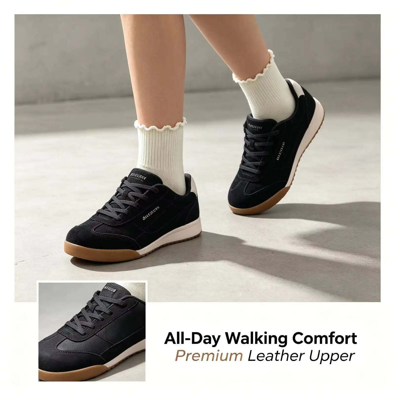 Skechers Couple Retro Gum Sole Casual Sneakers Leather Lightweight Daily Walking Shoes Black White Multi Colors 177497-BLK