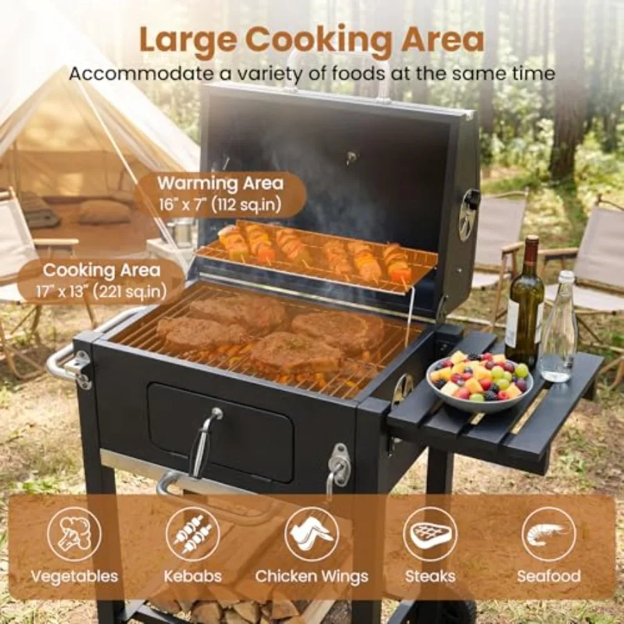 Charcoal Grill for Outdoor BBQ Smoking with Wheels, Heavy-Duty Steel, Black, Easy-Move Casters and Adjustable Air Vents