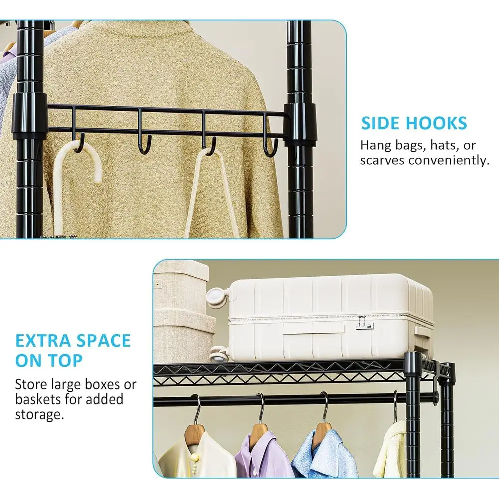Extra Large Mobile Garment Rack with 3 Shelves, 2 Rods & Side Hooks, 47.2x17.7x83.6, Black