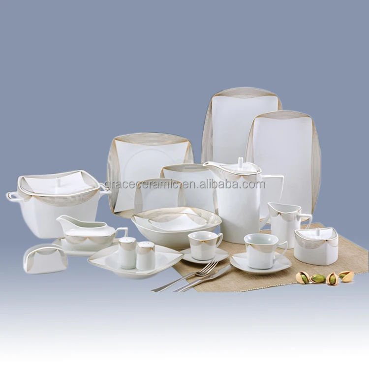 Custom Design Western 125 Pcs Square Shape Ceramic Fine China Porcelain Gold Rim Dinnerware Sets for Hotel Restaurant