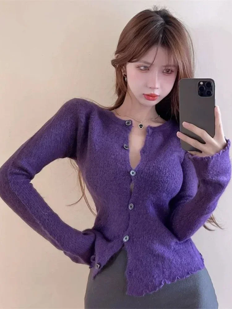 Korean Fashion Solid Slim Knitted Cardigan 2024 O Neck Single Breasted Sweater Autumn Y2k Aesthetic Long Sleeve Sexy Tops