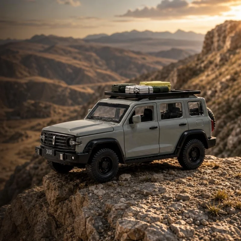 Battery Case Storage - 1/36スケールの、オフロード走行に特化したSUVの合金製モデルカー。プルバック式で、ルーフに荷台が付いており、ドアが開閉可能。