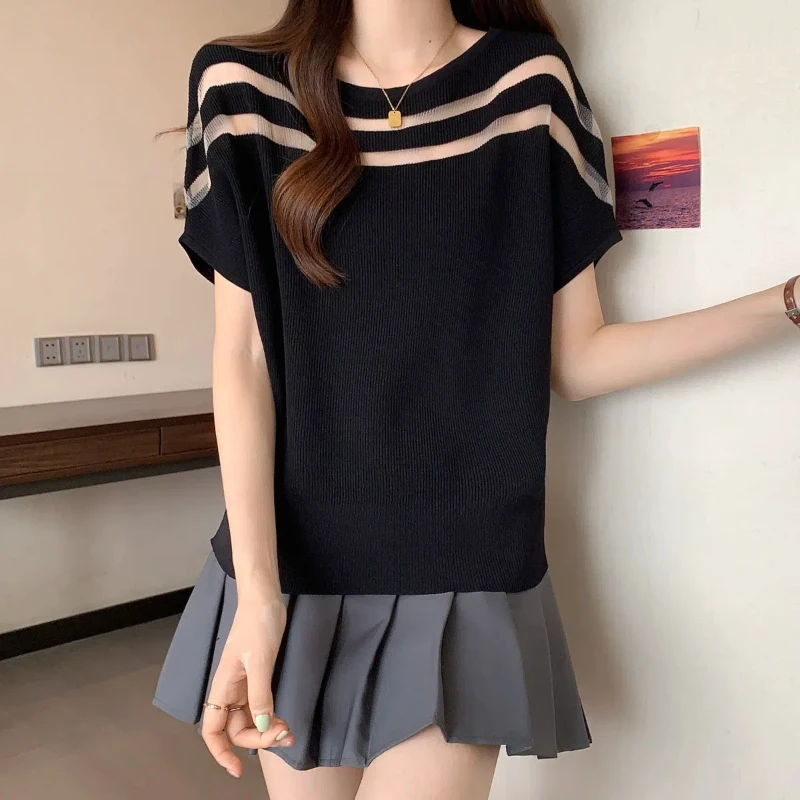 O-Neck 2024 Women\'s Summer New Spliced Screw Thread Batwing Sleeve Fashion Minimalist Loose Ice Silk Knitted Short Sleeved Tops