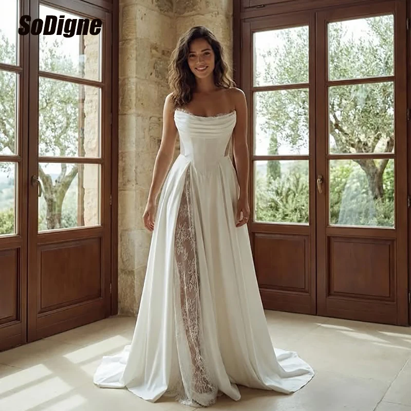 

SoDigne A-line Satin/Lace Wedding dress Strapless Sleeveless Bride Dresses Modest Long Bridal Gown Robe De Mariee Customized