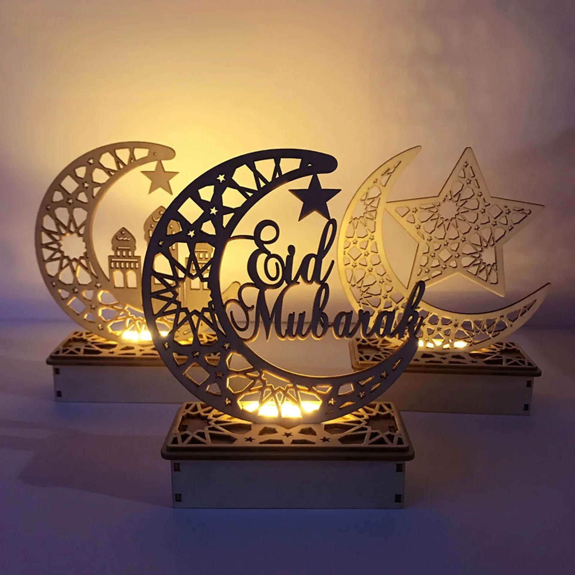 EID Mubarak Wooden Ornament Moon LED Candle Light Ramadan Decoration for Home Islamic Muslim Party Decoration Kareem Eid Al Adha