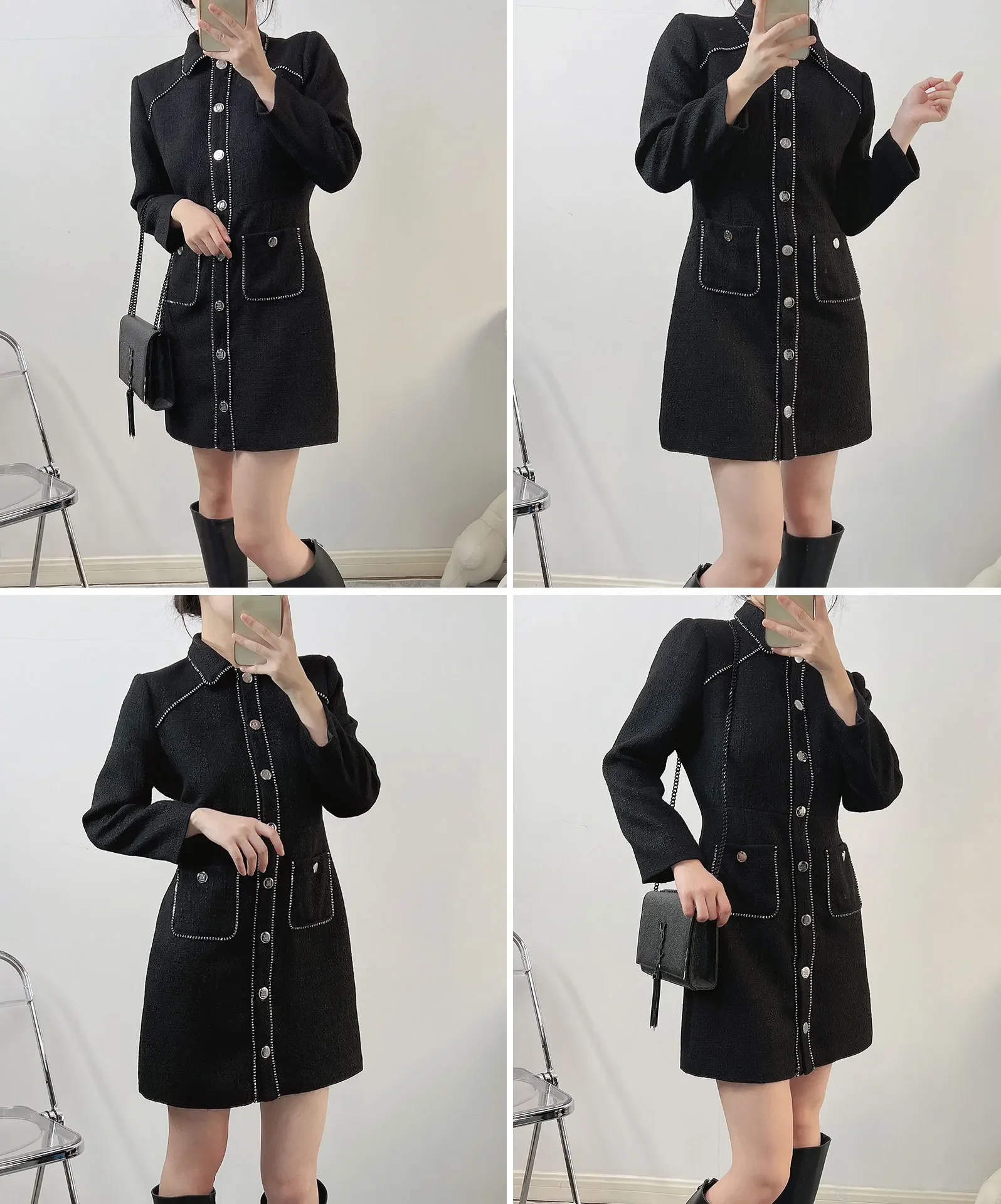 Women Chain Edge Dress Turn-down Collar Single Breasted Long Sleeve Fashion Summer 2024 Mini Robe