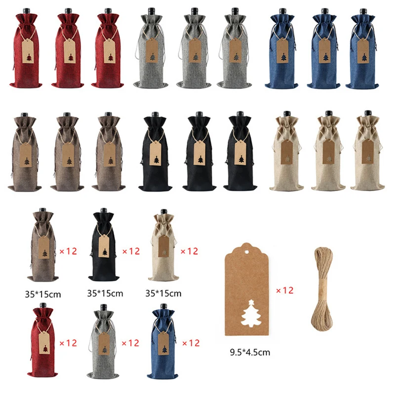 

12 Pcs/Set New Year Wine Drawstring Pocket Christmas Tree Tag Gift Bottle Burlap Champagne Dust Home Bar Restaurant Decoration