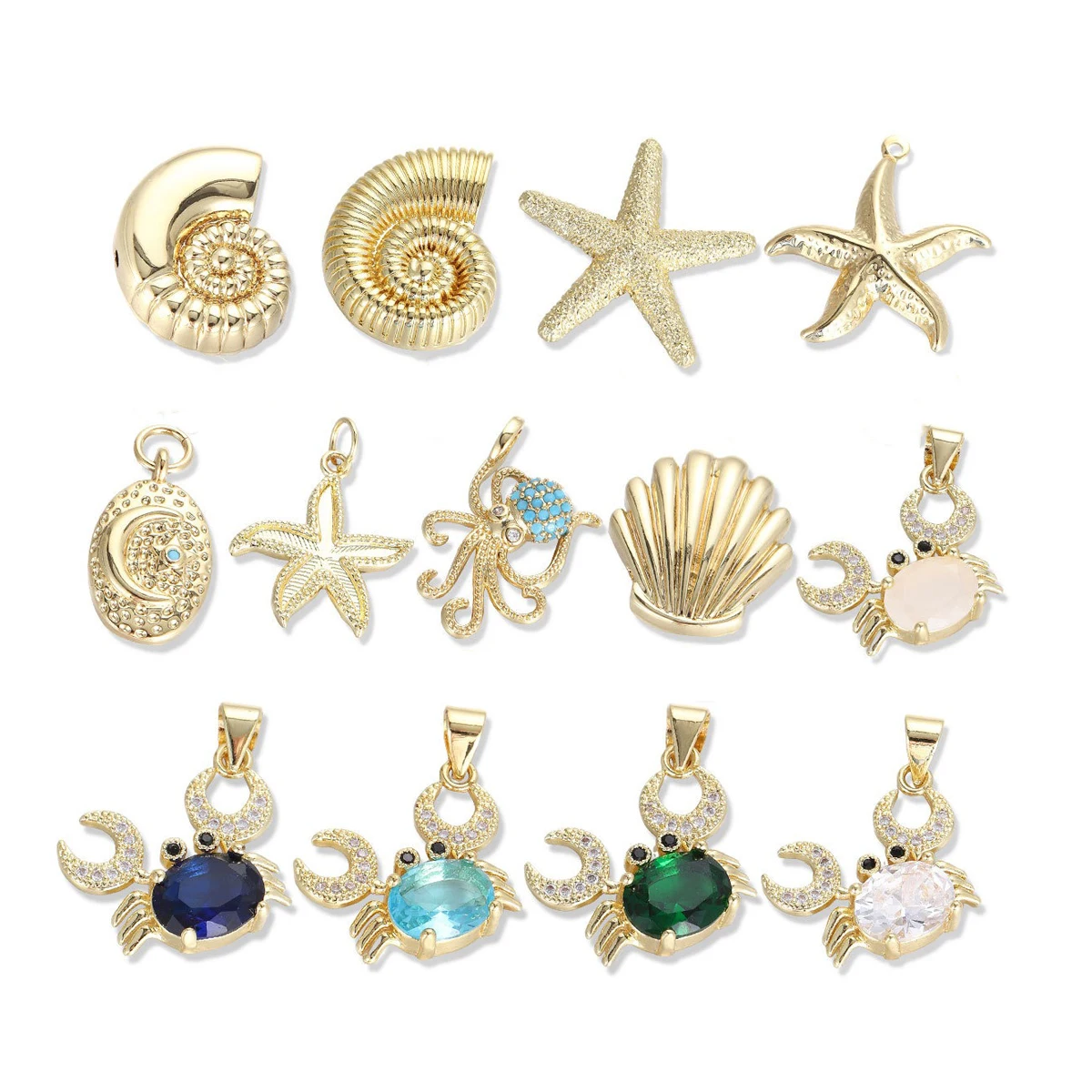 2 Pcs Marine Creature Copper Plated Zircon Pendant Diy Necklace Bracelet Jewelry Making Conch Starfish Crab Octopus Accessories