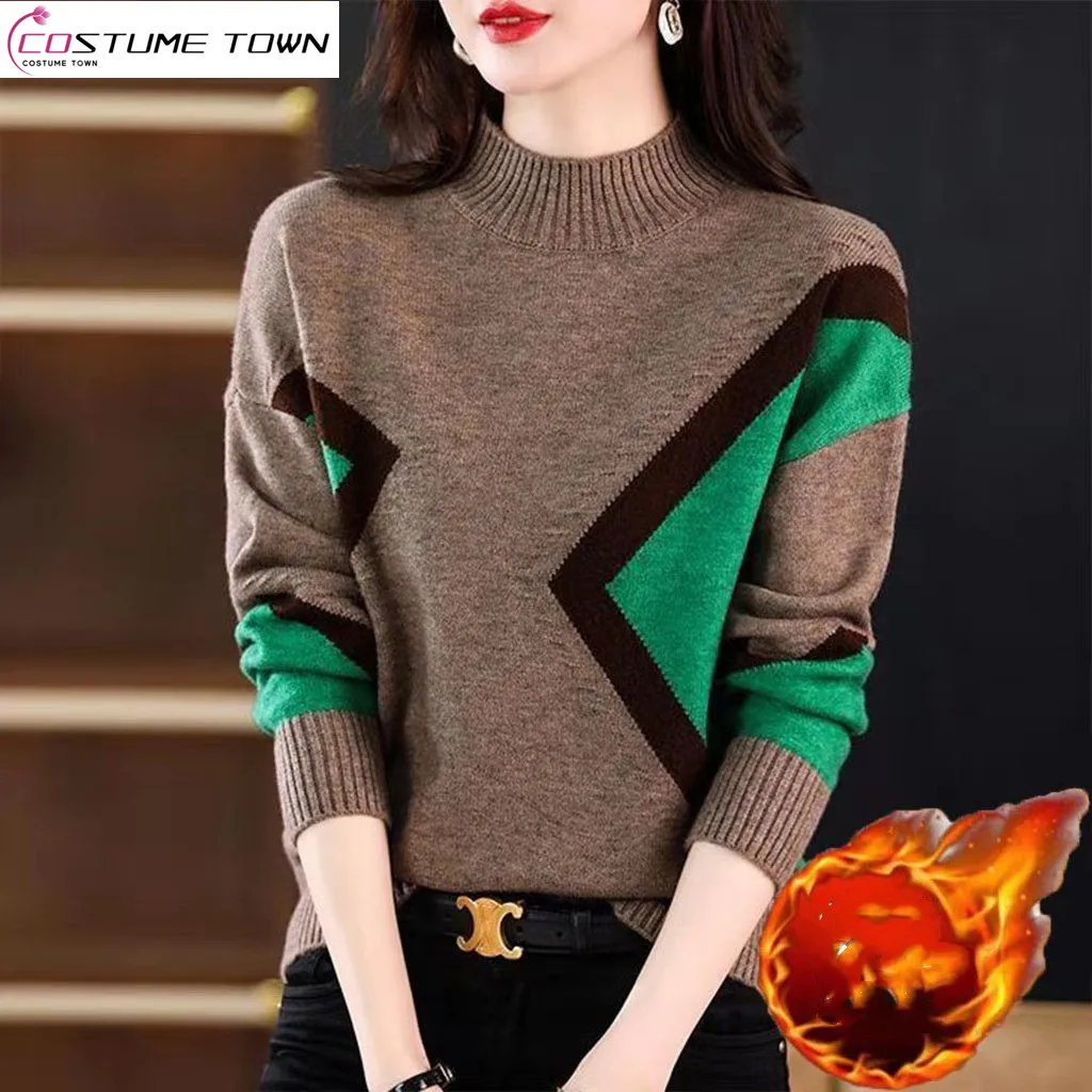 Velvet and Thickened Women\'s Top 2024 New Autumn/Winter Korean Edition Color Block Knitted Half High Neck Sweater