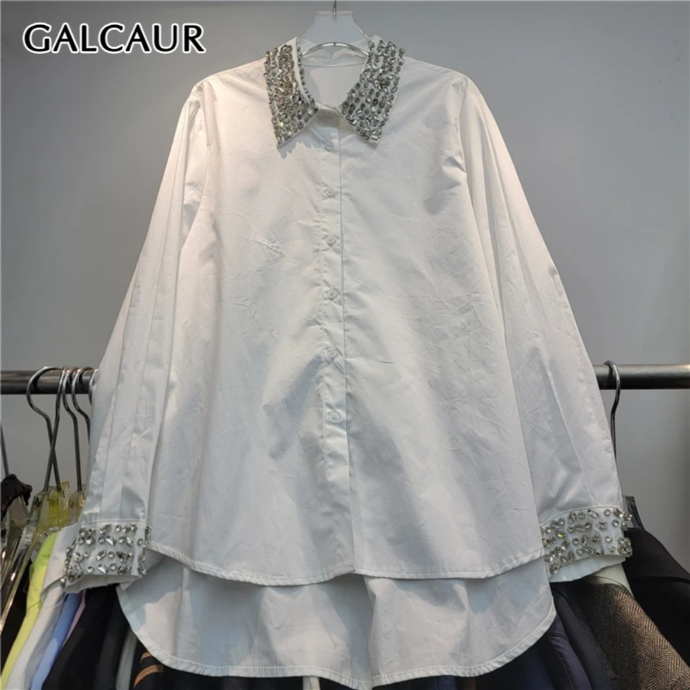 

GALCAUR Solid Spliced Diamonds Shirt Female Lapel Long Sleeve Loose Minimalist Commute Women's Shirts Autumn Fashion New Style