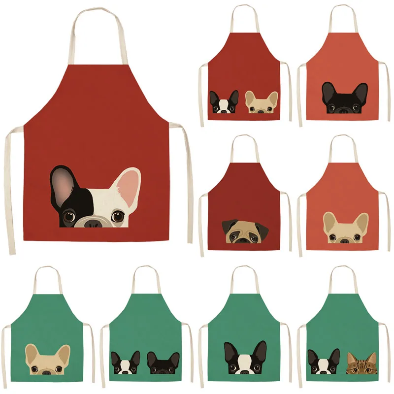 1Pcs Cute Cartoon Dog Cat Printed Kitchen Aprons Cotton Linen Home Cooking Baking Coffee Shop Cleaning Accessory 55x68cm