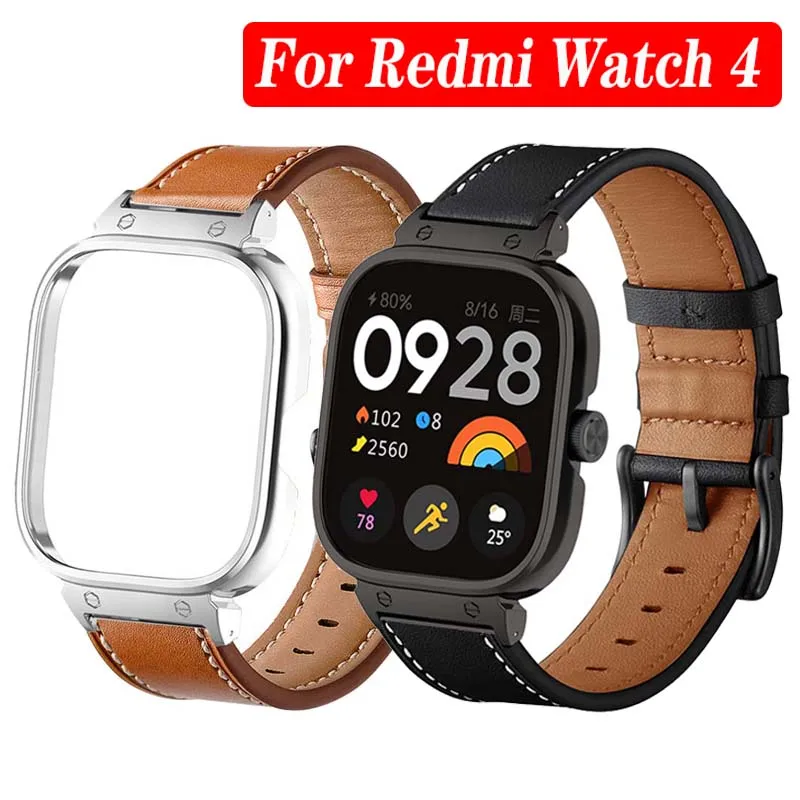 Juste de protection en métal pour bracelet en cuir pour montre intelligente Xiaomi Redmi Watch 4, housse de bracelet