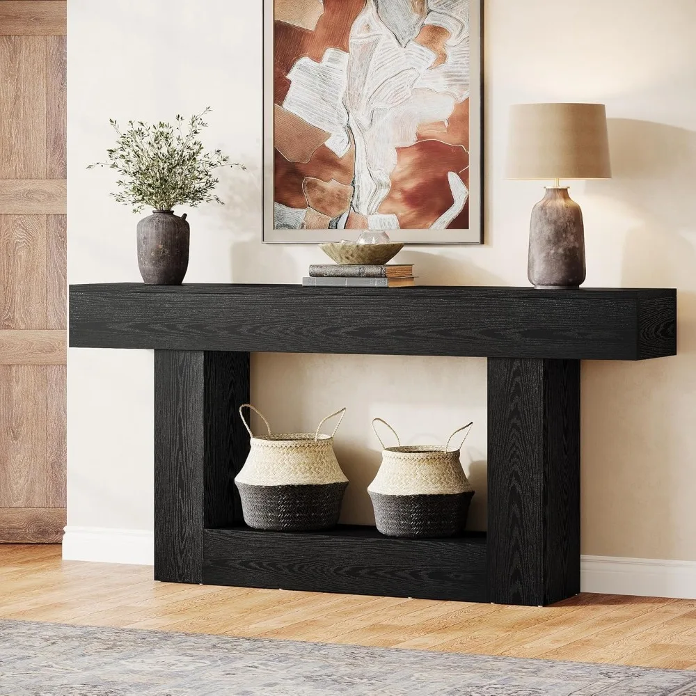 63-Inch Long Console Table 2-Tier Farmhouse Wood Entryway Sofa Table for Hallway
