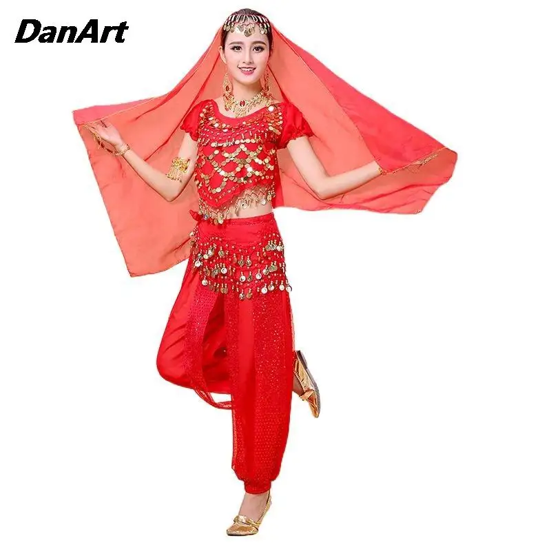 

5PCS Belly Dance Practice Training Suit Women Stage Performance Clothing Ladies/Girls' Hanging Gold Coins Dance Costume Set