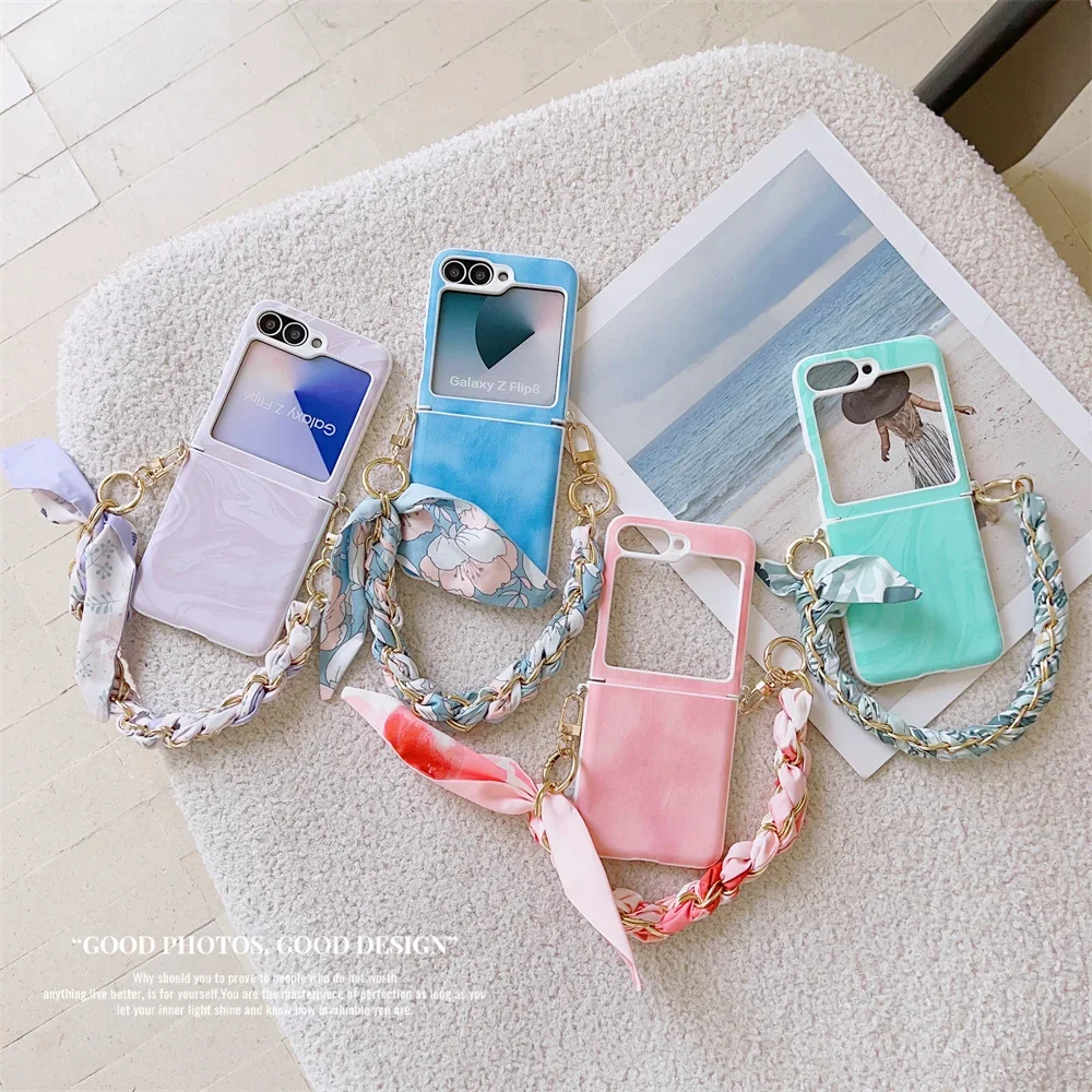 同色スカーフリストストラップ電話ケース三星銀河 Z フリップ 6 5 4 3 Flip6 Flip5 Flip4 Flip3 耐衝撃保護カバー
