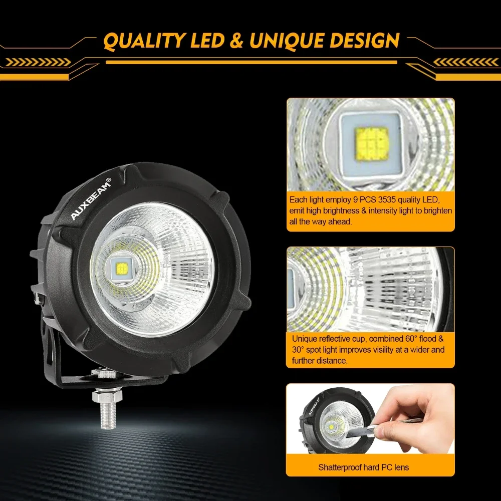 AUXBEAM 3.5 inch LED Work Light with Harness 34W Combo Beam Driving Light 6500K IP67 Waterproof for SUV Truck Pickup Boat