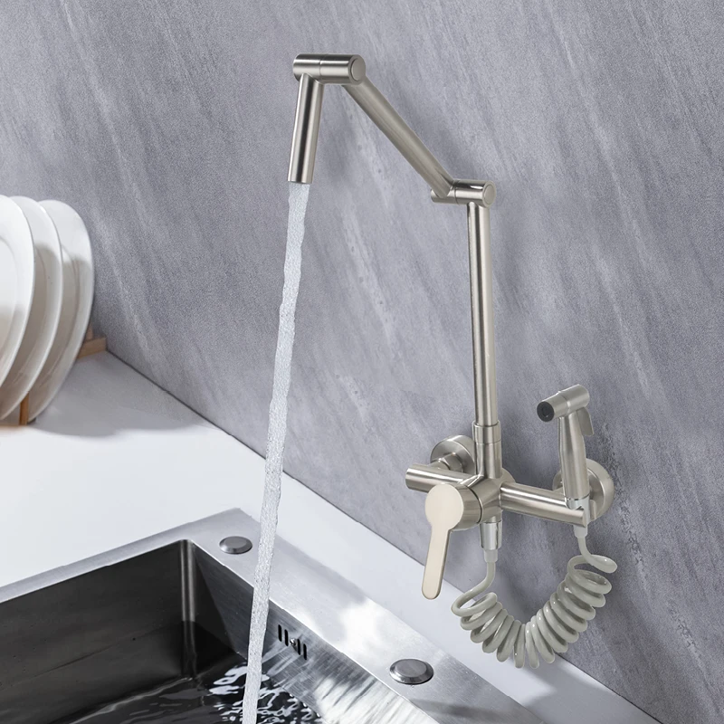 صنبور مطبخ مثبت على الحائط مع بخاخ يدوي بفتحة مزدوجة قابل للدوران 360 درجة ° صنبور حوض المطبخ القابل للطي بمقبض واحد، صنبور خلاط ساخن وبارد #3