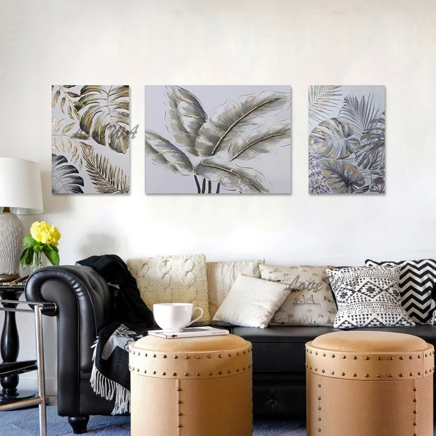 3d Beautiful Picture Scenery Art Modern Canvas Painting 3PCS Unframed Large Leaf Gold Foil Design Abstract Plant Wall Decor