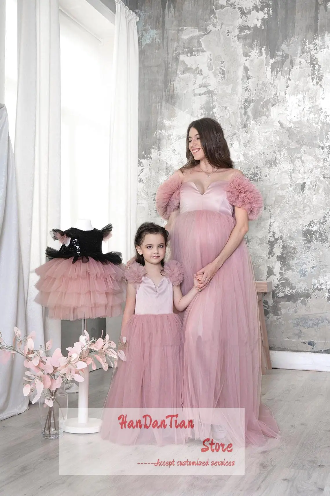 Off Shoulder Maternity Dress Photoshoot Ruffle Tulle Prom Party Gown