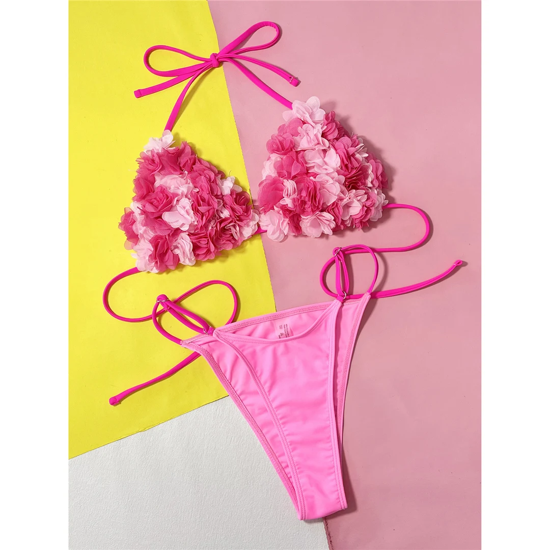 Sexy 3D-Blumen-Neckholder-Bikini mit hohem Beinausschnitt, Damen-Badeanzug, zweiteiliges Bikini-Set, Badebekleidung, Badeanzug, Modell V5386 – Detail 9
