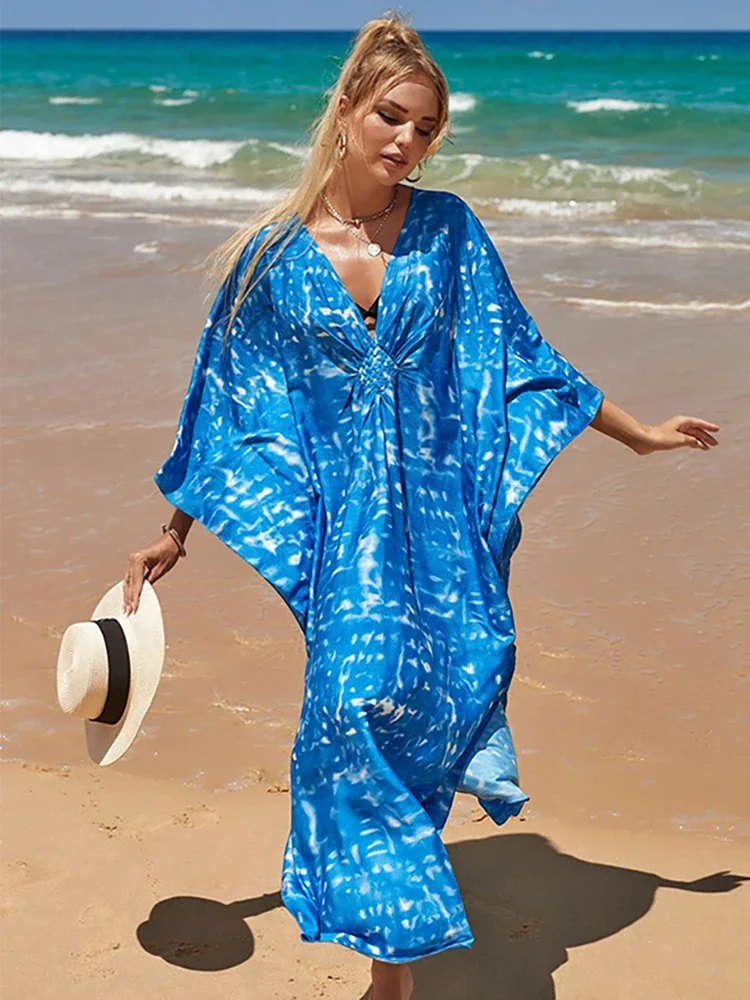 2024 Grote Maat Kaftan Jurken Voor Vrouwen Tie Dye Print Strand Cover Up Robe De Plage Kaftan Badpak Cover Up Strandkleding Tuniek