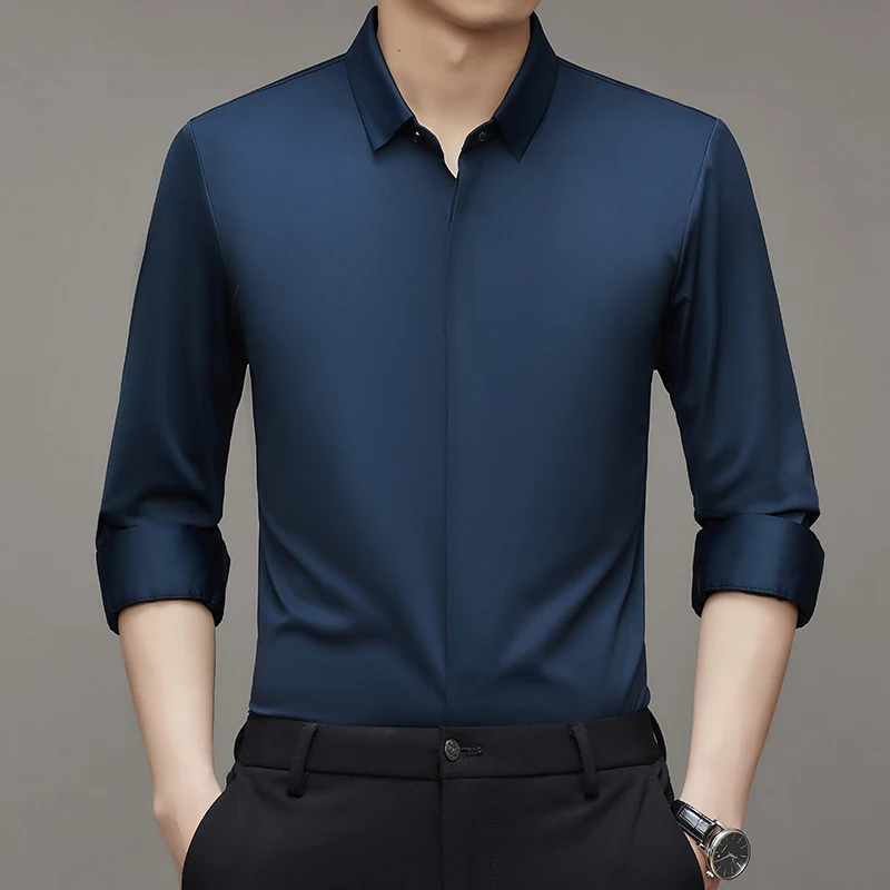 

Covered Button Seamless Long Sleeved Shirts For Men Smart Casual Spring Quality Silky Comfortable Anti-Wrinkle Camisas De Hombre