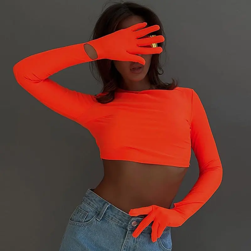 New Style Bright Street Shooting Cotton T Shirt Crop Top Long Sleeve With Gloves 2023 Summer Sexy Women T-Shirt Skinny Solid