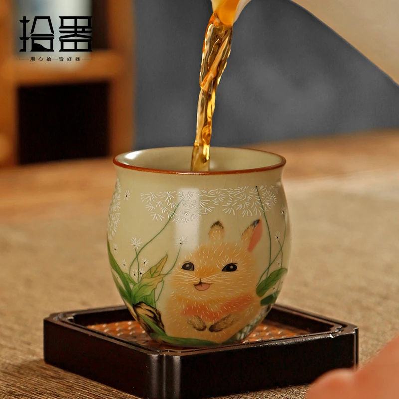 Ceramic Ruyao rabbit taste the tea cup owner cup open piece can raise a single tea bowl individual cup small tea cup tea set