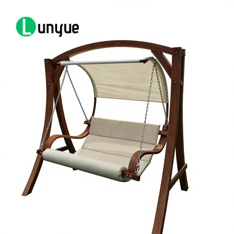Ash Wood Outdoor Swing Seat with Cream Canopy for Garden Backyard Poolside Patio Durable Comfortable Relaxing Furniture