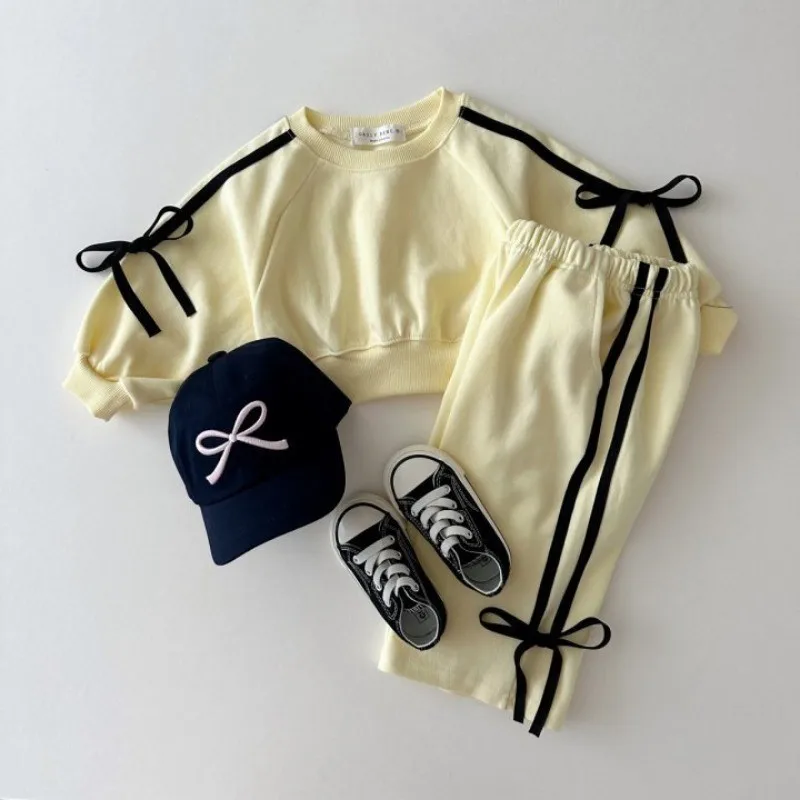Kid Girl 1-6 Years Old Korean Casual Fashion Bow Tie Long Sleeve Sweatshirt Sweatpants Autumn Outfit Toddler Infant Clothing Set